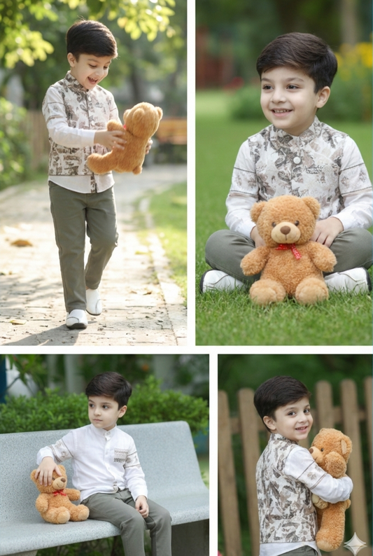 Collage of a young boy with a teddy bear in various settings